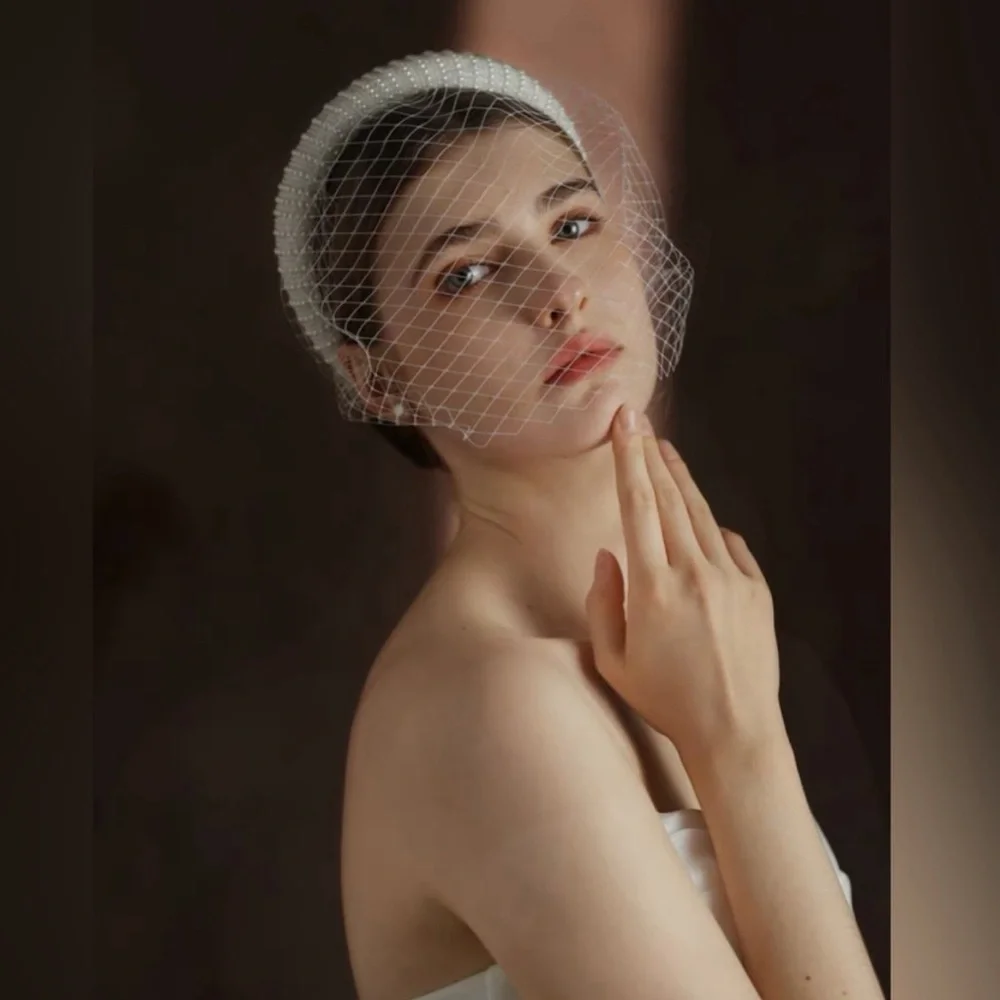 French Netting Birdcage Headband Veil with Pearl
